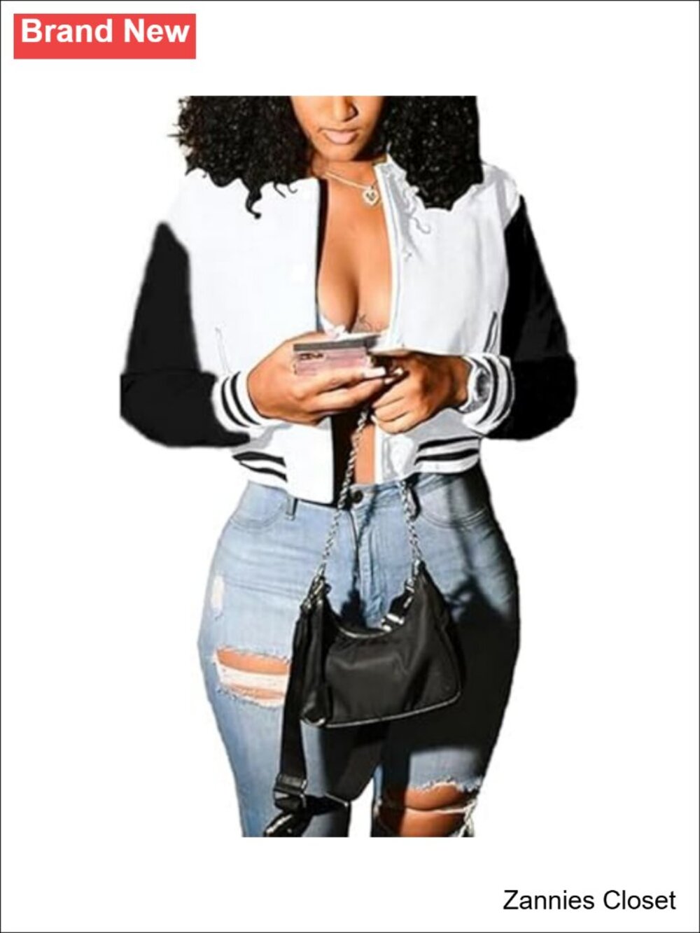 ✨Mintsnow Cropped Varsity Bomber Jacket Snap Button Baseball Streetwear